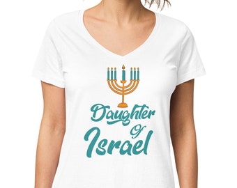 May include: White V-neck t-shirt with a blue and gold menorah graphic and the text "Daughter of Israel" in blue.