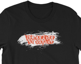 May include: Black t-shirt with a white and red graphic that says "ISRAELITE BY NATURE".