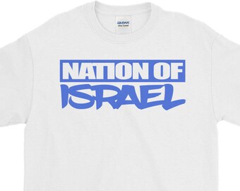 May include: White t-shirt with blue text that reads "Nation of Israel" in a graffiti style font.