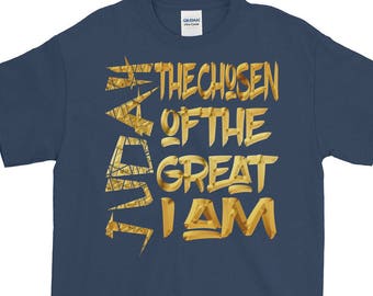 May include: A navy blue t-shirt with gold lettering that reads "I AM THE CHOSEN OF THE GREAT".