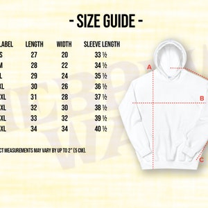 May include: Size chart for a white hooded sweatshirt with measurements for length, width, and sleeve length in inches. The chart includes sizes S through 5XL.