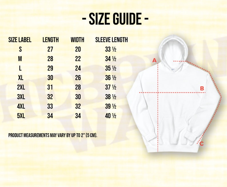 May include: Size chart for a white hooded sweatshirt with measurements for length, width, and sleeve length in inches. The chart includes sizes S through 5XL.