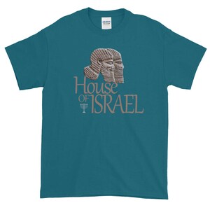 May include: Teal blue t-shirt with a brown image of two ancient Assyrian winged human-headed bulls and the text "House of Israel" with a menorah symbol.