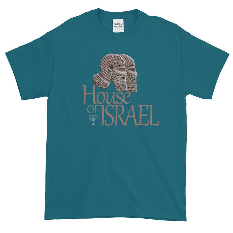 May include: Teal blue t-shirt with a brown image of two ancient Assyrian winged human-headed bulls and the text "House of Israel" with a menorah symbol.
