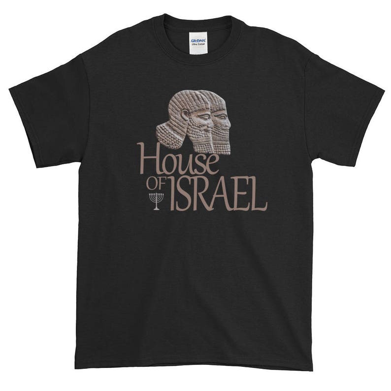 May include: Black t-shirt with a graphic of two ancient Assyrian winged human-headed bulls and the text "House of Israel" with a menorah symbol.