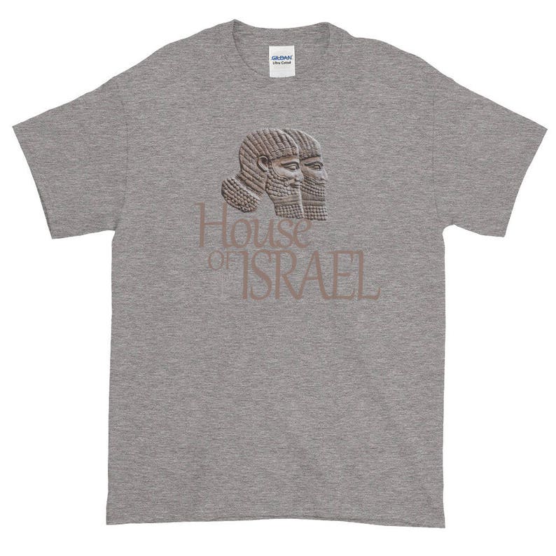 May include: A gray t-shirt with a brown image of two ancient Assyrian kings with the text "House of Israel" printed on the front.