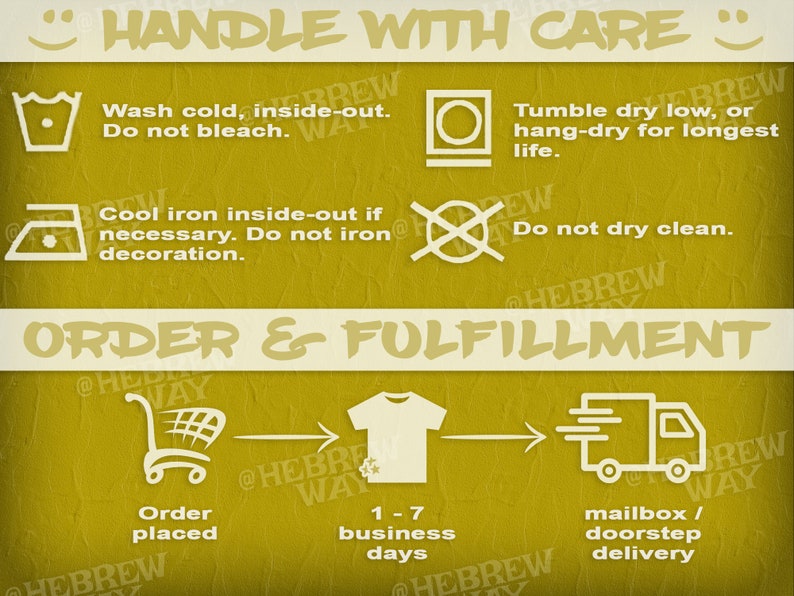 May include: A yellow graphic with instructions on how to care for a garment. The graphic includes icons for washing, drying, ironing, and dry cleaning. The graphic also includes a diagram showing the order and fulfillment process for a product. The diagram shows a shopping cart, a t-shirt, and a delivery truck. The text on the graphic reads "Handle with Care", "Order & Fulfillment", "Order placed", "1-7 business days", and "mailbox/doorstep delivery".