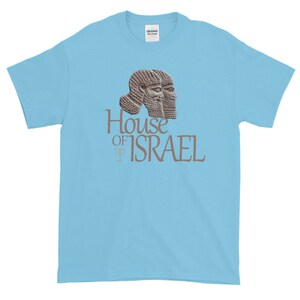 May include: A light blue t-shirt with a graphic of two ancient Assyrian kings' heads with the text "House of Israel" printed in brown.