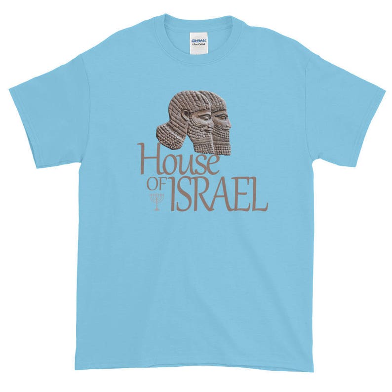May include: A light blue t-shirt with a graphic of two ancient Assyrian kings' heads with the text "House of Israel" printed in brown.