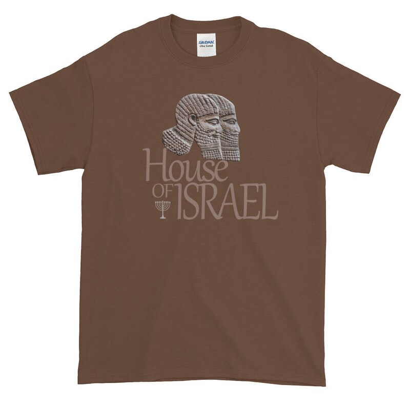 May include: A brown t-shirt with a graphic of two ancient Assyrian figures with the text "House of Israel" and a menorah symbol.