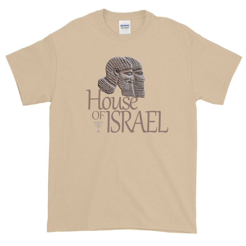 May include: A tan t-shirt with a graphic of two ancient Assyrian figures with the text "House of Israel" printed below.