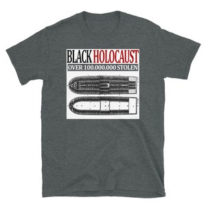 May include: A dark gray t-shirt with the text "BLACK HOLOCAUST OVER 100,000,000 STOLEN" printed in white and red. The shirt also features a black and white illustration of a ship's deck plan.