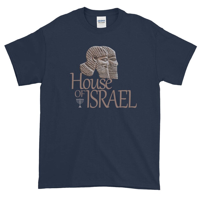May include: A navy blue t-shirt with a graphic of two ancient Assyrian winged human-headed bulls. The text "House of Israel" is printed below the graphic, with a menorah symbol.