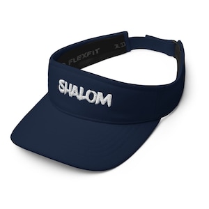 May include: A navy blue visor with a white embroidered "SHALOM" text. The visor has a black adjustable strap with "FLEXFIT" printed on it.