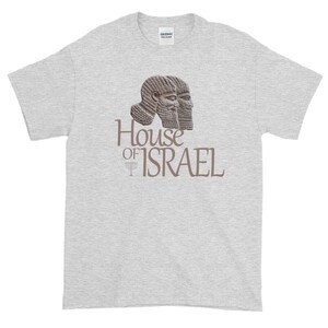May include: A gray t-shirt with a brown image of two ancient Assyrian kings with the text "House of Israel" printed below.