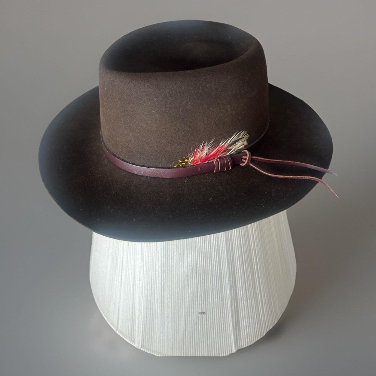 AMAZING 1950s\' BLACK FURRY FELT HAT -  CORDE TRIM & 2 RED QUILLS/RHINESTONES I added the feathers to my black fedora main image 4