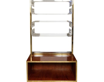 Romeo Rega Brass, Chrome & Lucite Bookshelf With Burl Walnut Base 70s Antique
