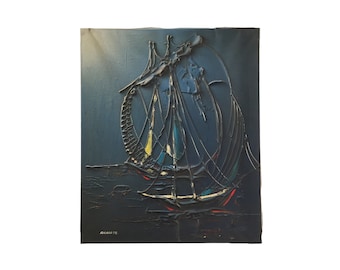 Vintage "Ricard '78" Nautical Painting Acrylic Spain 1970s Ship Maritime Art