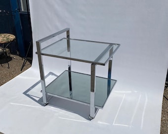 Romeo Rega Chrome 1970s Square Drinks Bar Cart Trolley Table Glass Mirror Hollywood Regency Sofa Display