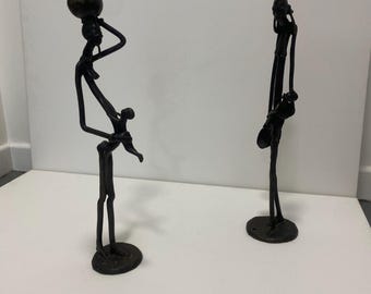 Tall Bronze Masai Pair Sculptures 1960s Vintage Kenya Mother Baby Giacometti
