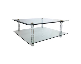 Two-Tier Lucite Glass Brass Coffee Table 1970s Modernist Vintage Mid-century