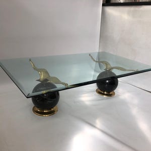 Hollywood Regency Marble Brass Birds Glass Coffee Table 1970s Vintage Gold 80s