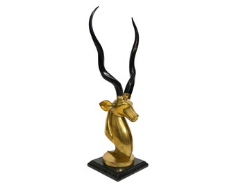 Brass Antelope Head Sculpture 1970s Vintage Hollywood Regency Karl Springer