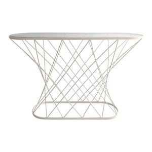 May include: White metal console table with a glass top and a geometric, criss-cross base.