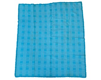 Baby Blue Throw Blanket 1960s Handmade Cotton Mid Century Sofa Bed Armchair Wool