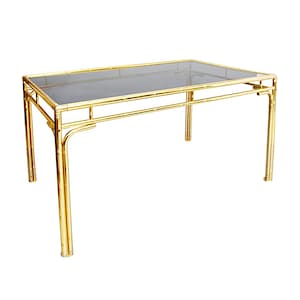 Brass Faux Bamboo Dining Table Glass Hollywood Regency Vintage Retro Midcentury