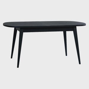May include: A black oval dining table with four angled legs. The table has a dark wood grain finish and a smooth surface. The legs are thin and tapered, providing a modern aesthetic. The table is suitable for a dining room or kitchen.