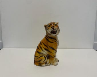 Ceramic Table Tiger Statue Alcobaca Portugal Hollywood Regency Vintage 1970s