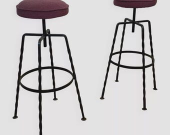 Pair Maroon Boucle Iron Swivel Bar Stools Midcentury Italian Vintage 1950s