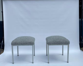 1960s Industrial Pair Iron Foot Stools Scandinavian Midcentury New Boucle Upholstery