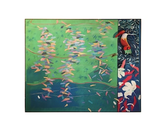 Richard Frank 'Kingfisher's Kotillion' Painting, Oil On Canvas 1980 Miami Art Exotic Jungle