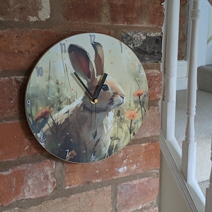 Rabbit Wall Clock (Orange Flowers), rabbit gifts, rabbit lover, bunny gifts, bunny lover, rabbit lover gift, rabbit themed gifts