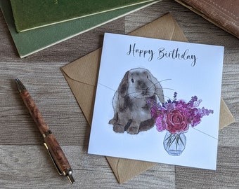 Rabbit Birthday Card - Vase of Flowers