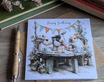 Verjaardagskaart konijn (picknick), minnaar konijn, minnaar konijn, verjaardag konijn konijn, verjaardagskaart konijn, cadeaus konijn thema