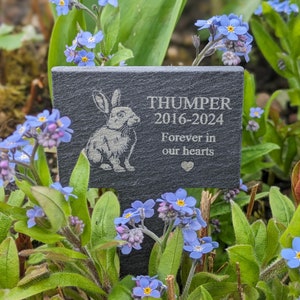 Puede incluir: Un marcador de jard&iacute;n de pizarra negra con una ilustraci&oacute;n de conejo blanco y el texto "THUMPER 2016-2024 Forever in our hearts".