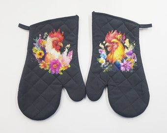 Set of 2 - Quilted Cotton Oven Mitts - Farm Country Chickens Rooster - Kitchen Decor - Baking - Gift - White Toner Digital Graphics okt040