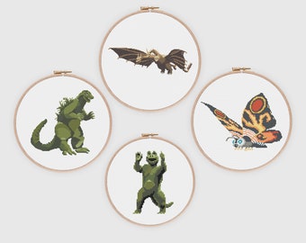 Godzilla Mothra Ghidorah Minilla Modern Cross Stitch - Etsy