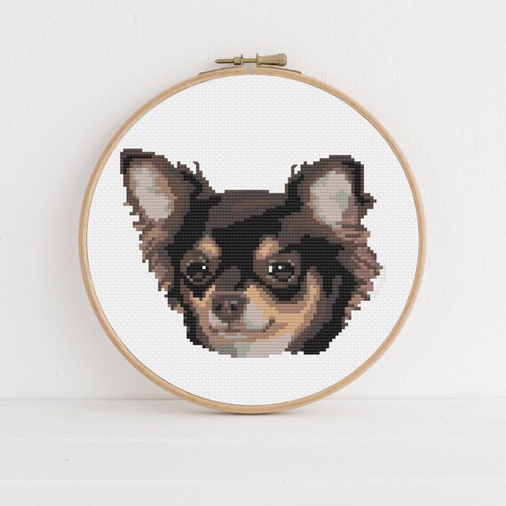 Long Haired Black Brown Chihuahua Animal Portrait Counted Etsy