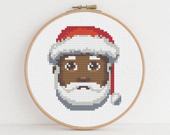 Easy Santa Claus Cross Stitch Pattern: Dark Skinned Emoji Christmas Ornament / Instant Digital Download, PDF Pattern