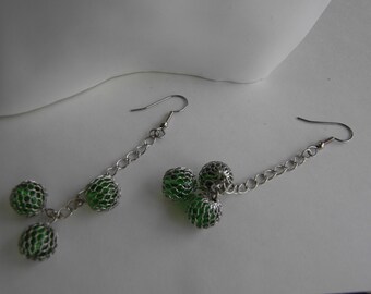 Silver and Green Ball Earrings