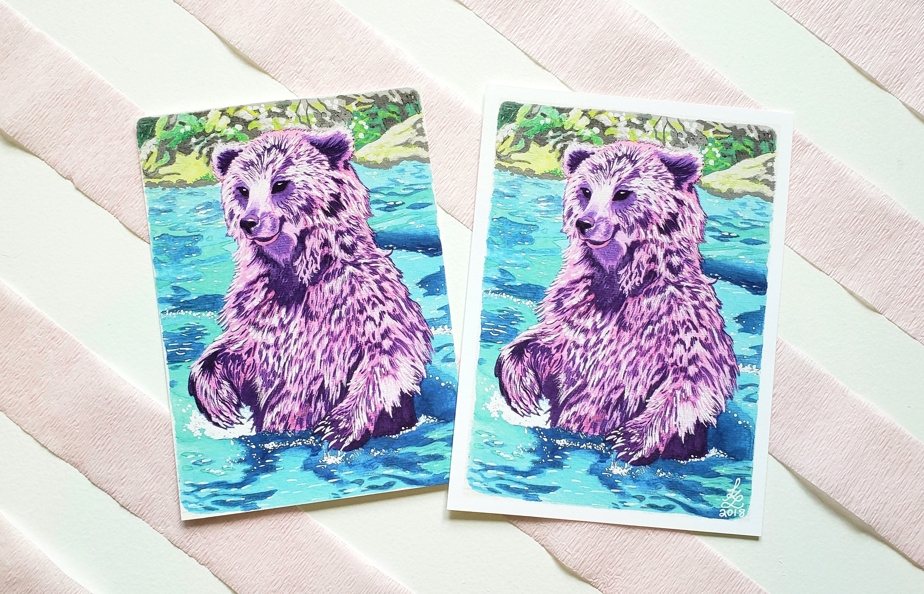 Purple Watercolor Grizzly Bear Painting colorful woodland | Etsy