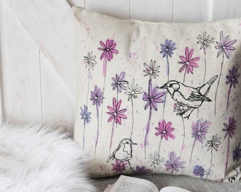 Cushion cover /Linen cousin cover /Linen cushion/Flower cushion/Bird/hand-screen printed/Home/Interior design/Boho