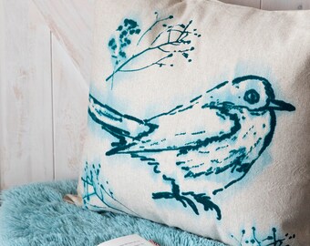 Linen cushion cover / Decorative cushion / Blue bird / Bird of Quebec / Hand-screen printed / Art Deco / Home / Boho/ Rustic