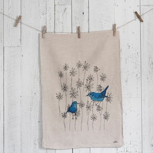 Dish towel / Tea towel / Linen / Textile print / Screening print / Silkscreen / Flowers / Bird / Quebec / Canada / Boho / Kitchen