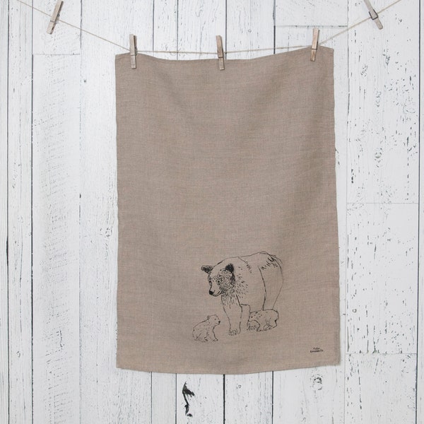 Dish linen/Linen tea towel/Linen tableware/Textile print/Mom bear and teddy bear/Linen kitchen/Linen cloth/Quebec/Boho/