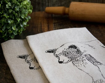 Dish linen / Tea Towel / Linen / Linen / Textile print / Screening print / Screen printing / Bear / Quebec / Canada / Boho